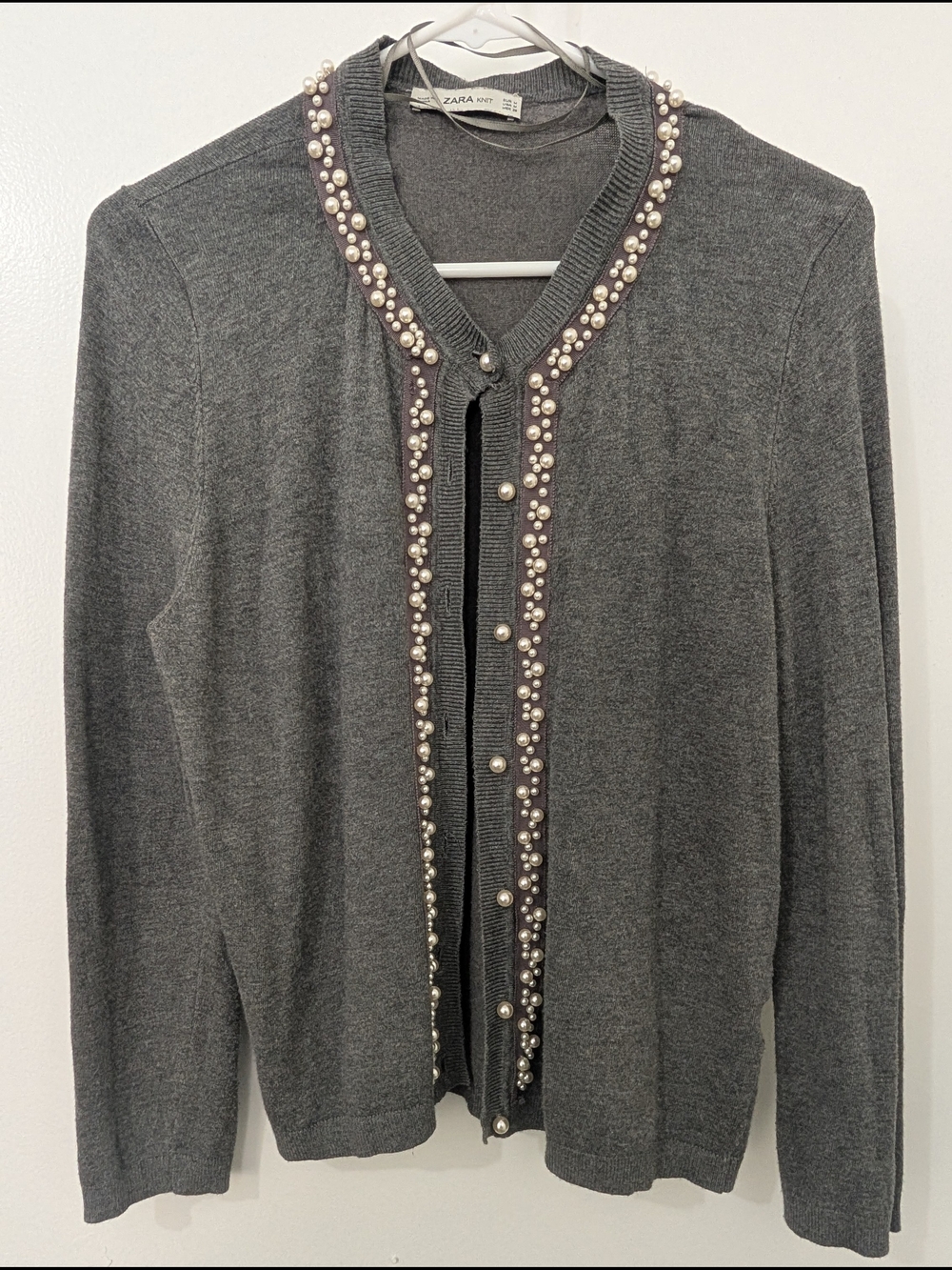 Zara Charcoal Gray Pearl-Embellished Cardigan